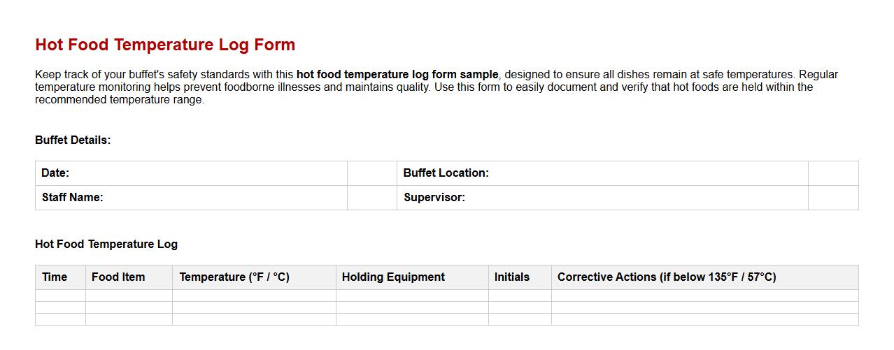 hot food temperature log form sample for buffet image preview