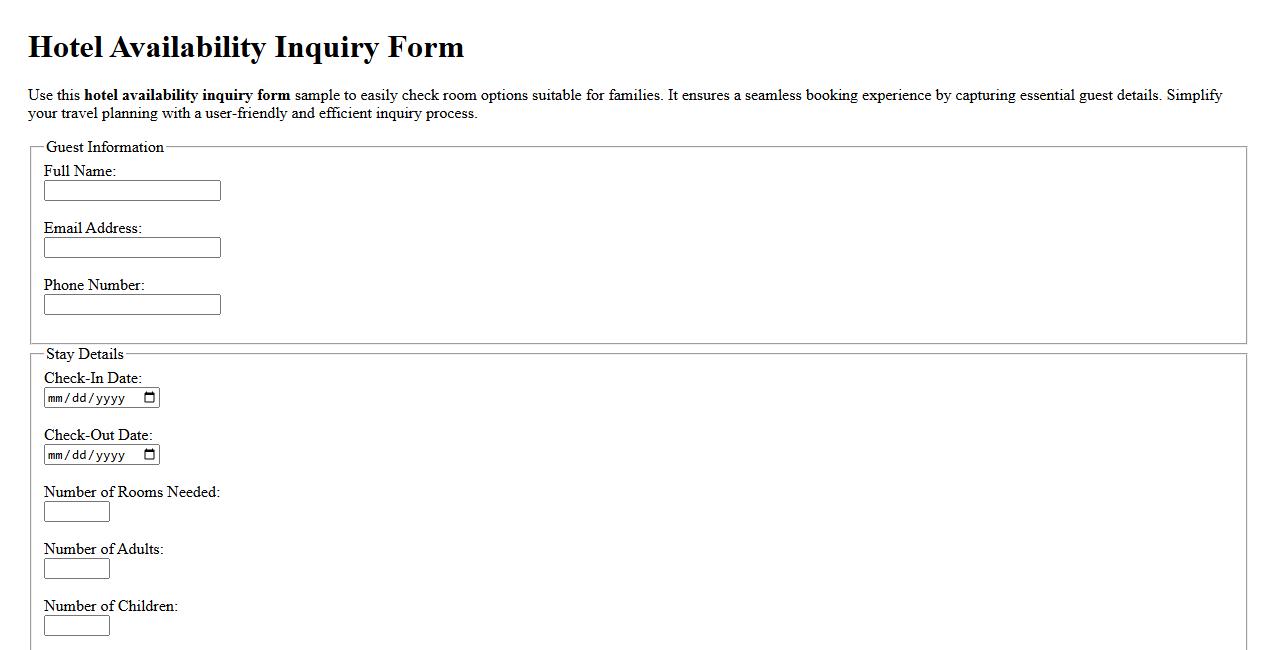 Hotel availability inquiry form sample for families image preview