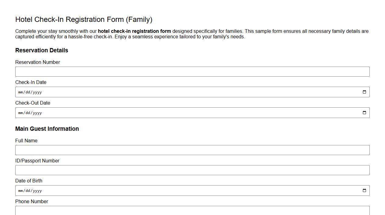 Hotel check-in registration form sample for families image preview