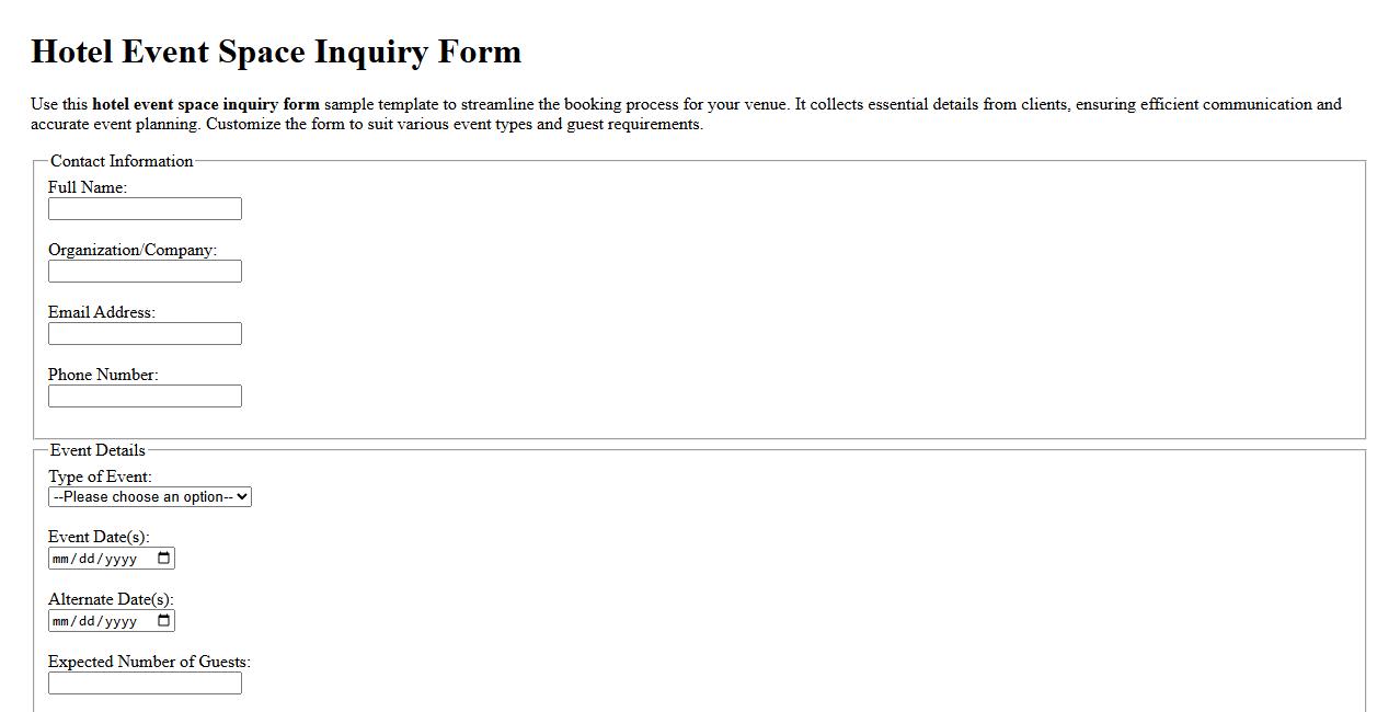 Hotel event space inquiry form sample template image preview