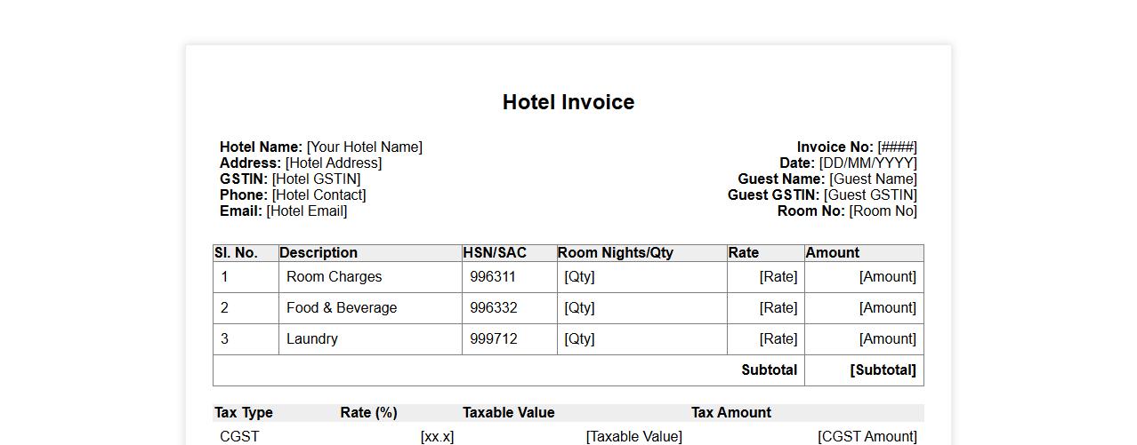 Hotel invoice form sample with GST details image preview