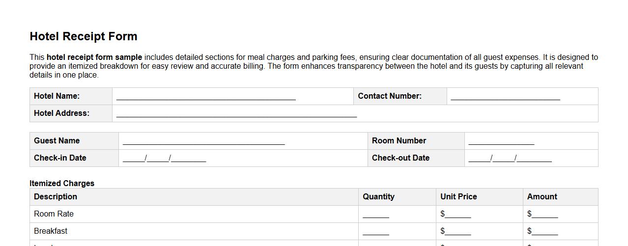 Hotel receipt form sample with meal and parking details image preview