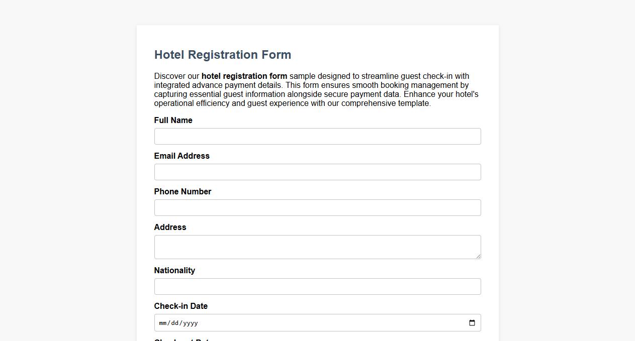 Hotel registration form sample with advance payment details image preview