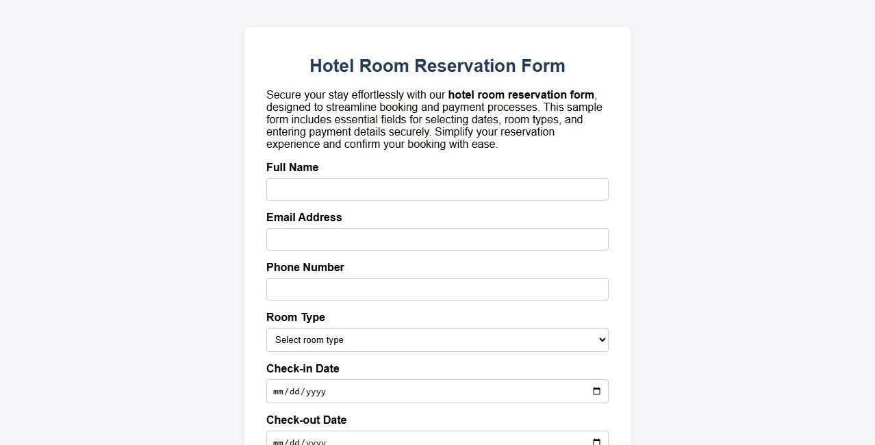 Hotel room reservation form sample including payment information image preview