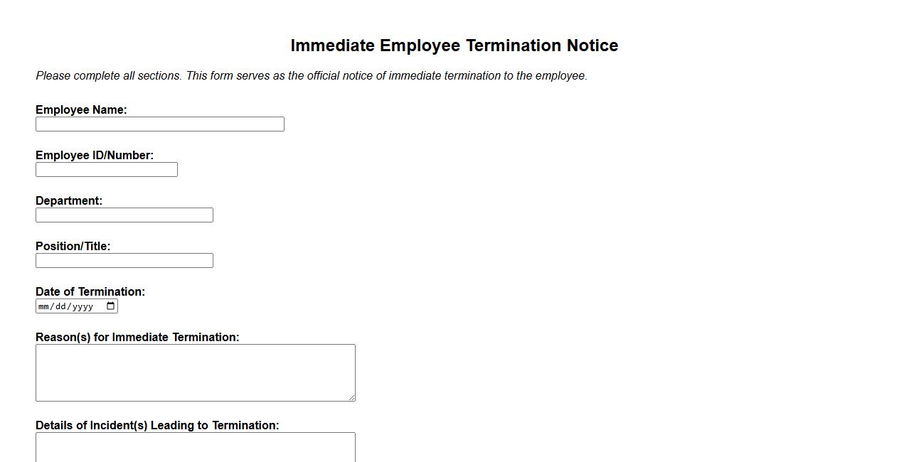 immediate employee termination notice form sample image preview