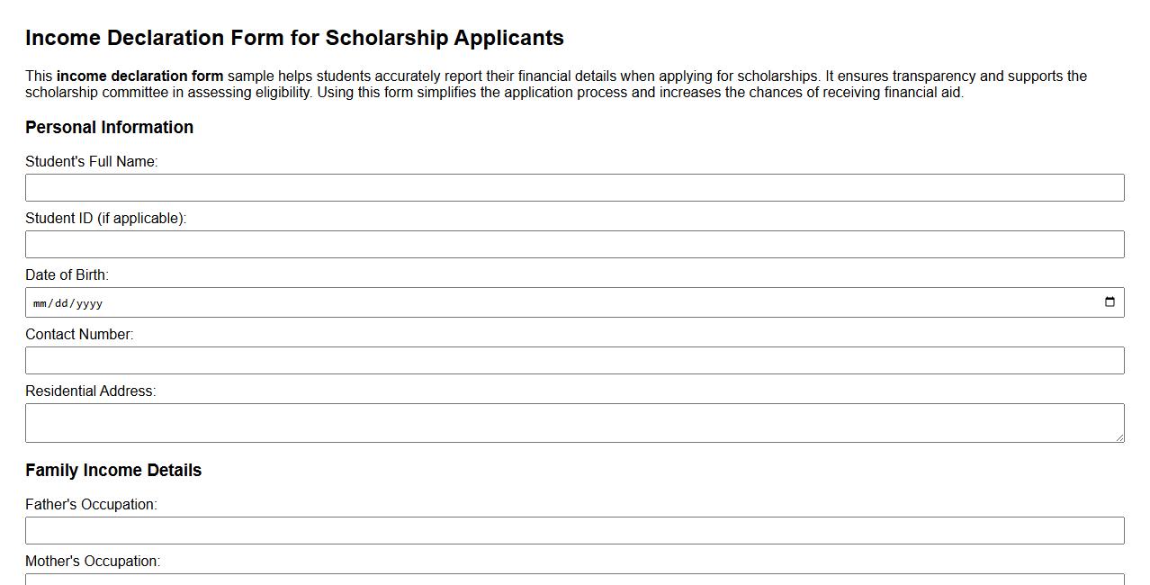 income declaration form sample for students applying for scholarship image preview