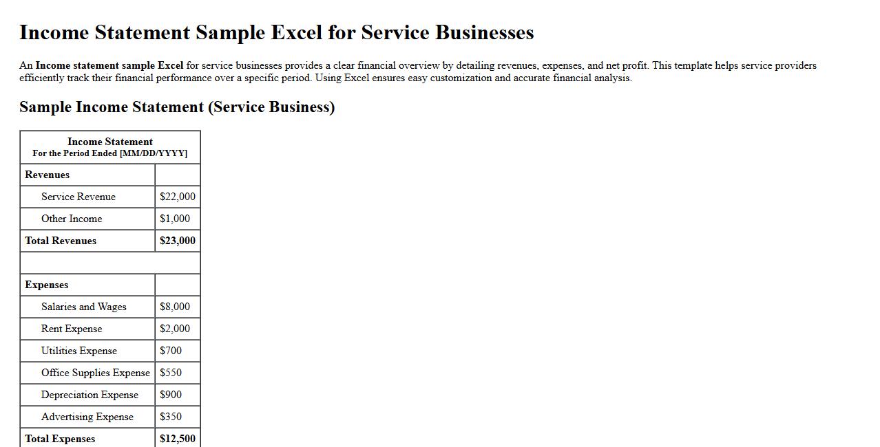 Income statement sample Excel for service businesses image preview