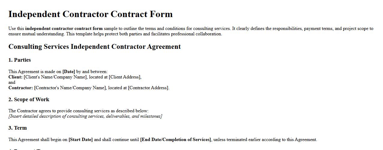 Independent contractor contract form sample for consulting services image preview
