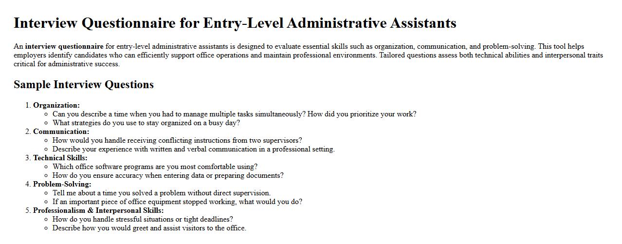 Interview questionnaire for entry-level administrative assistants image preview