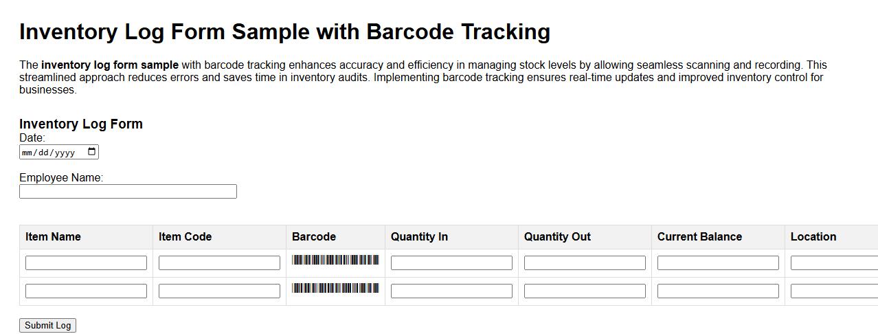 inventory log form sample with barcode tracking image preview