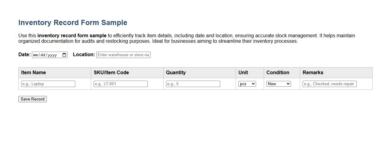 Inventory record form sample with date and location image preview