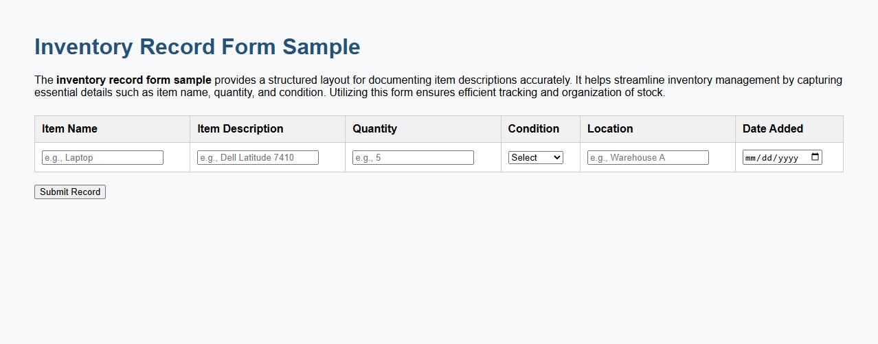 Inventory record form sample with item description image preview
