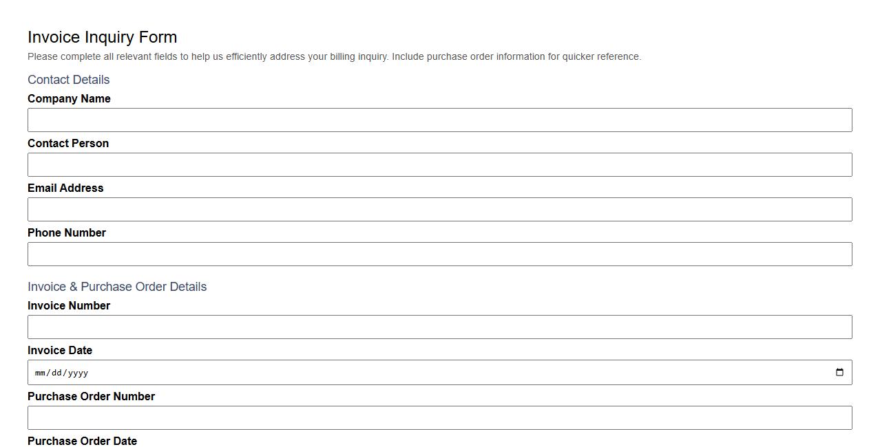 invoice inquiry form sample including purchase order image preview