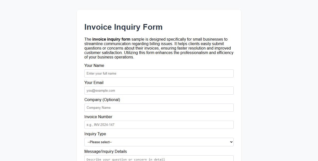 invoice inquiry form sample for small business image preview