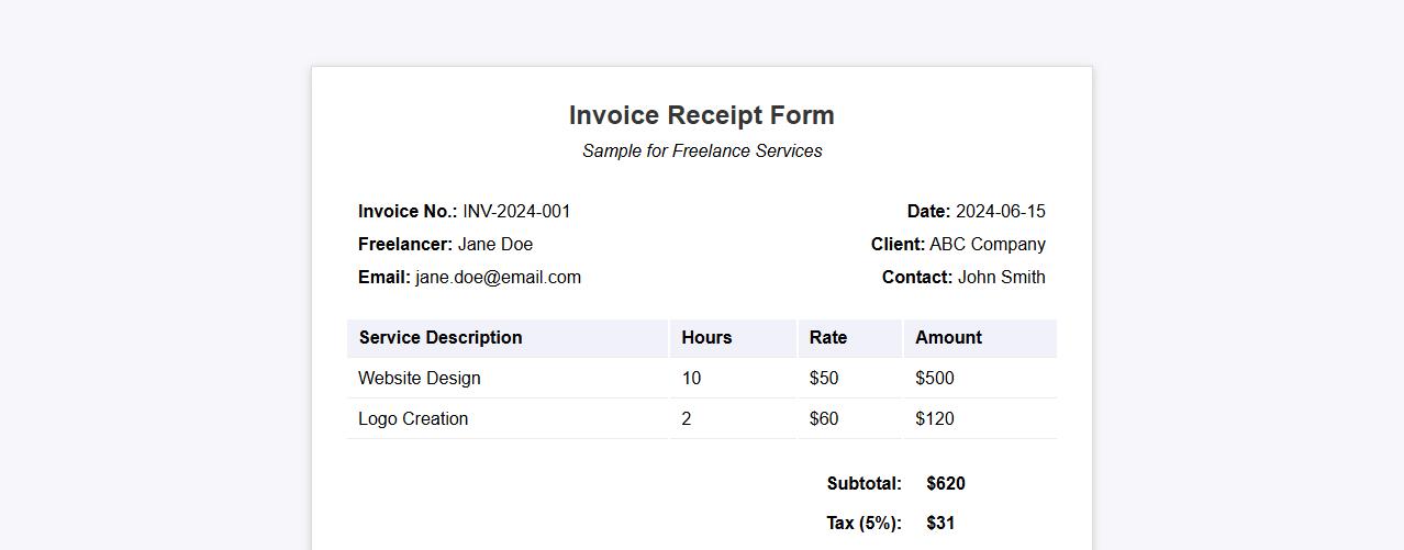 Invoice receipt form sample for freelance services image preview