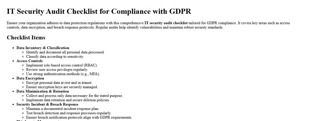 IT security audit checklist for compliance with GDPR image preview