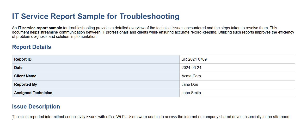 IT service report sample for troubleshooting image preview