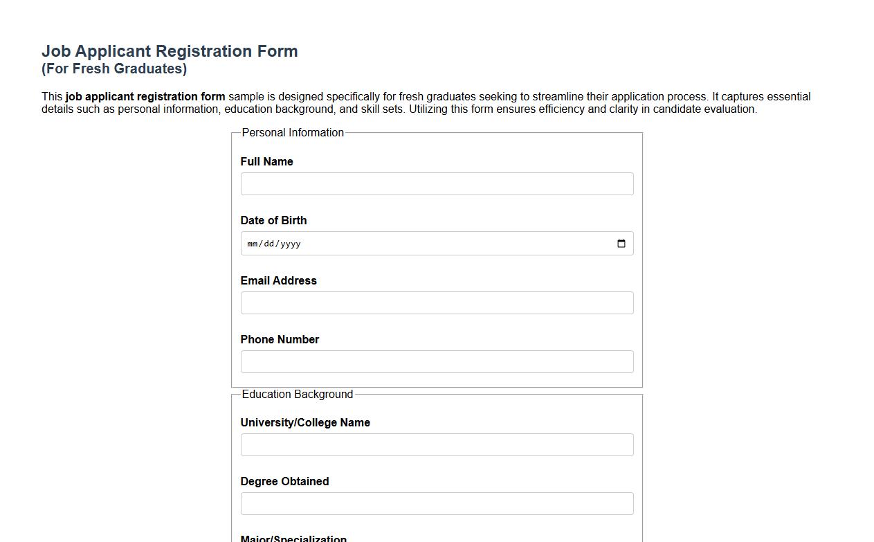 Job applicant registration form sample for fresh graduates image preview