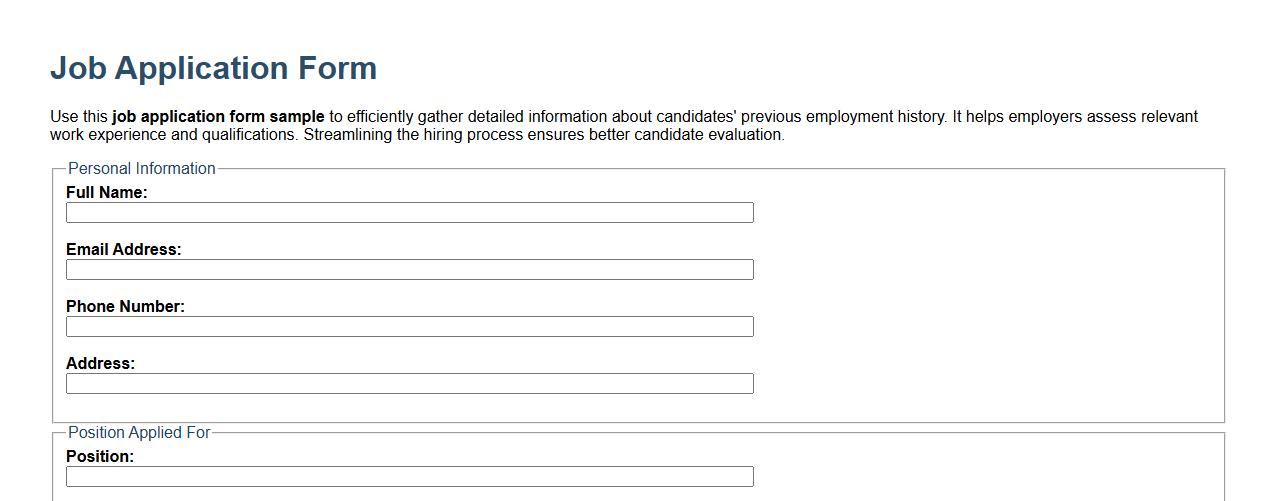 Job application form sample with previous employment history image preview
