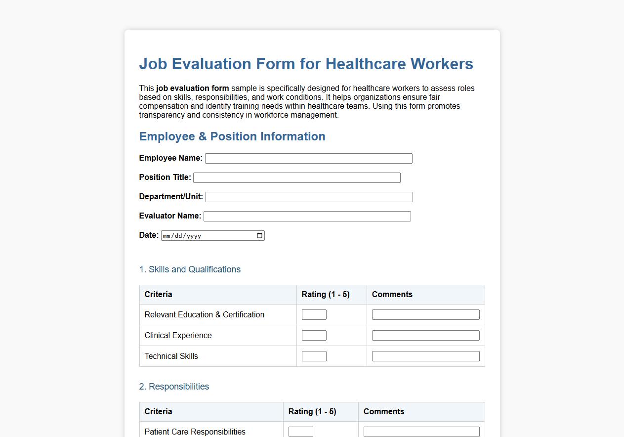 Job evaluation form sample for healthcare workers image preview