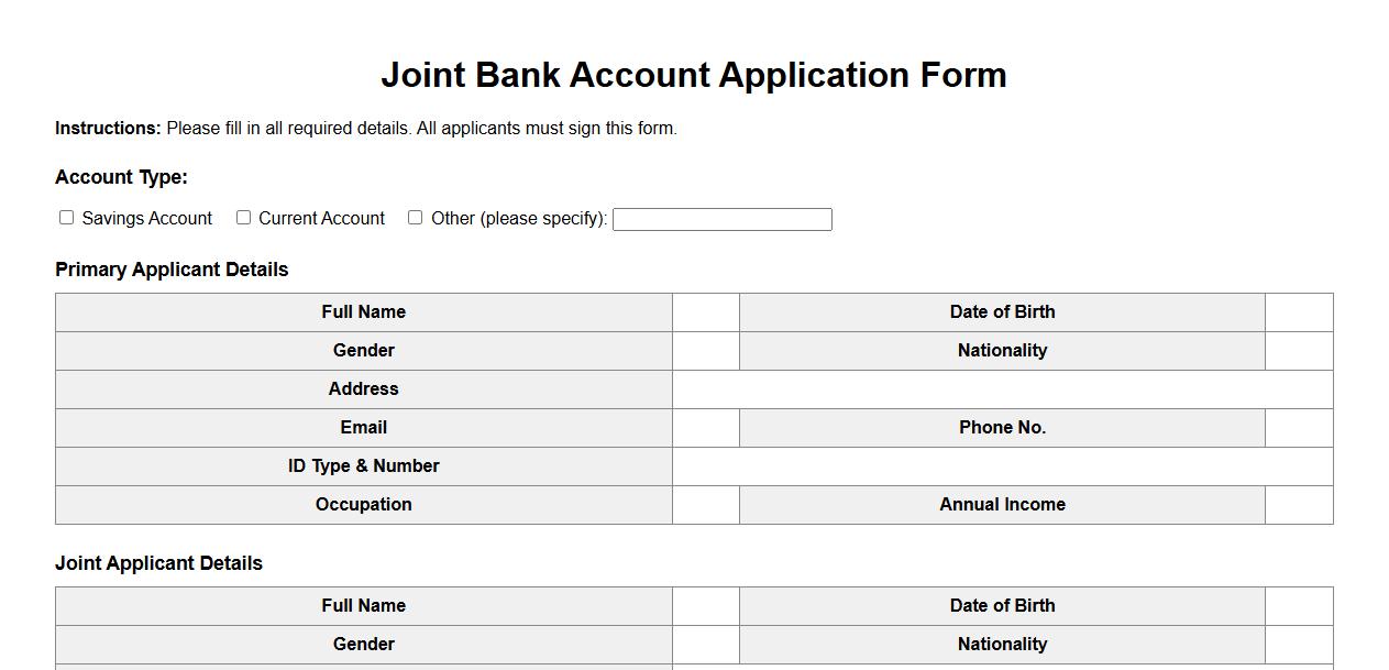 joint bank account application form sample format image preview