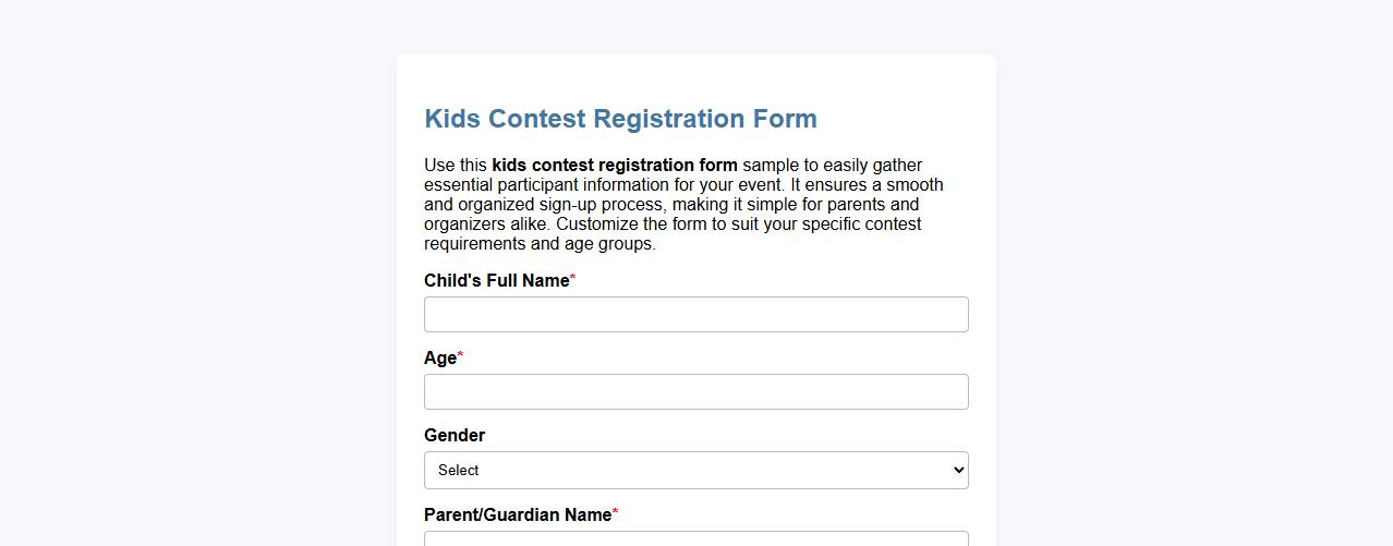 kids contest registration form sample image preview
