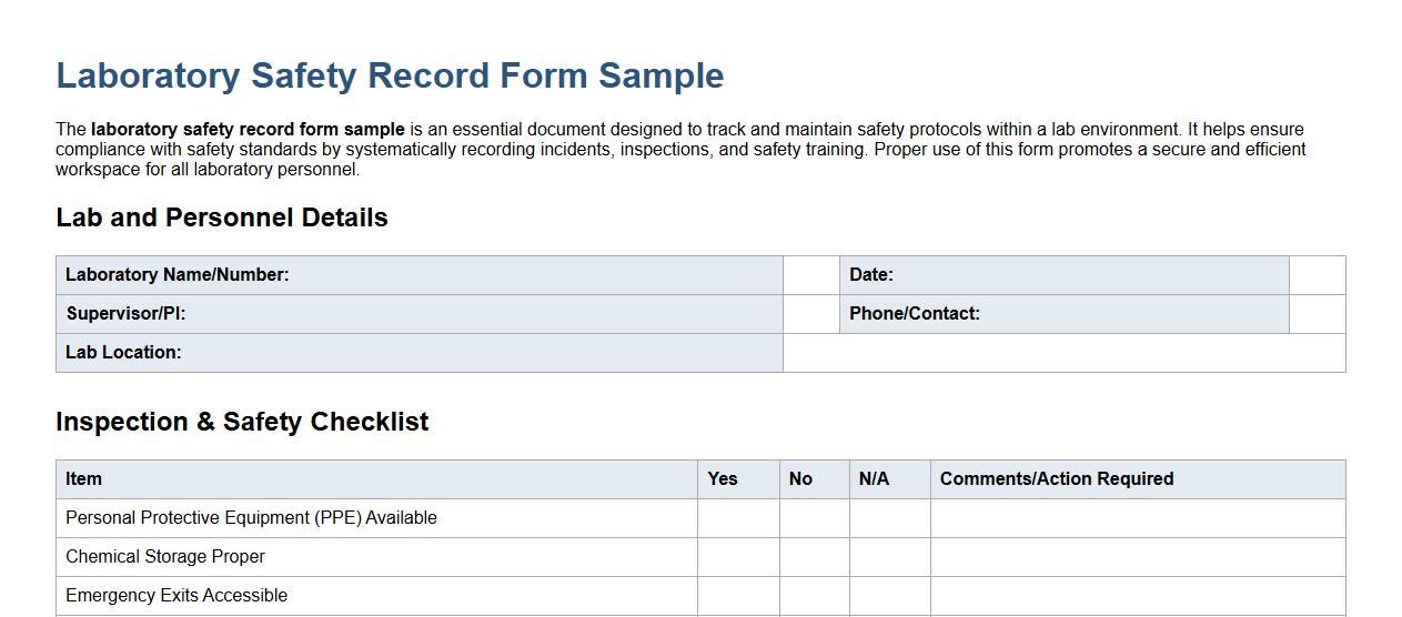 laboratory safety record form sample image preview