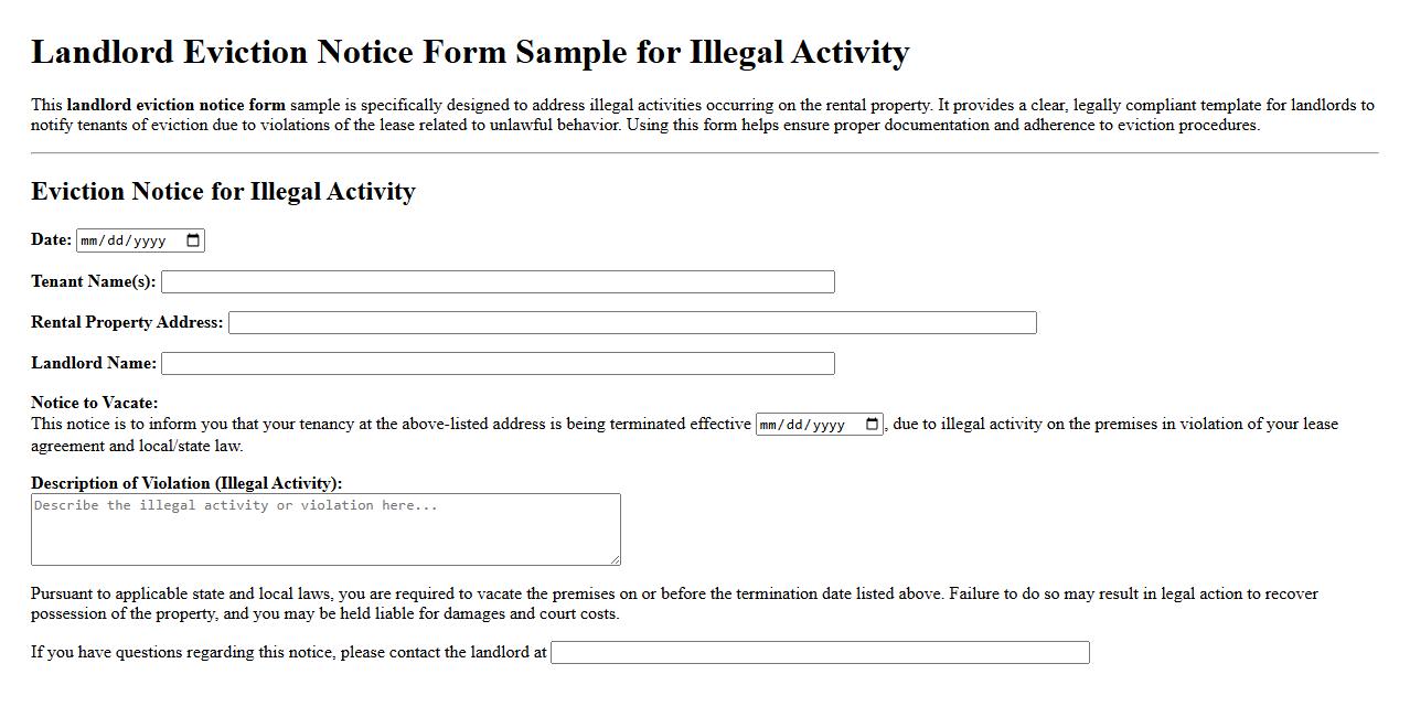 Landlord eviction notice form sample for illegal activity image preview