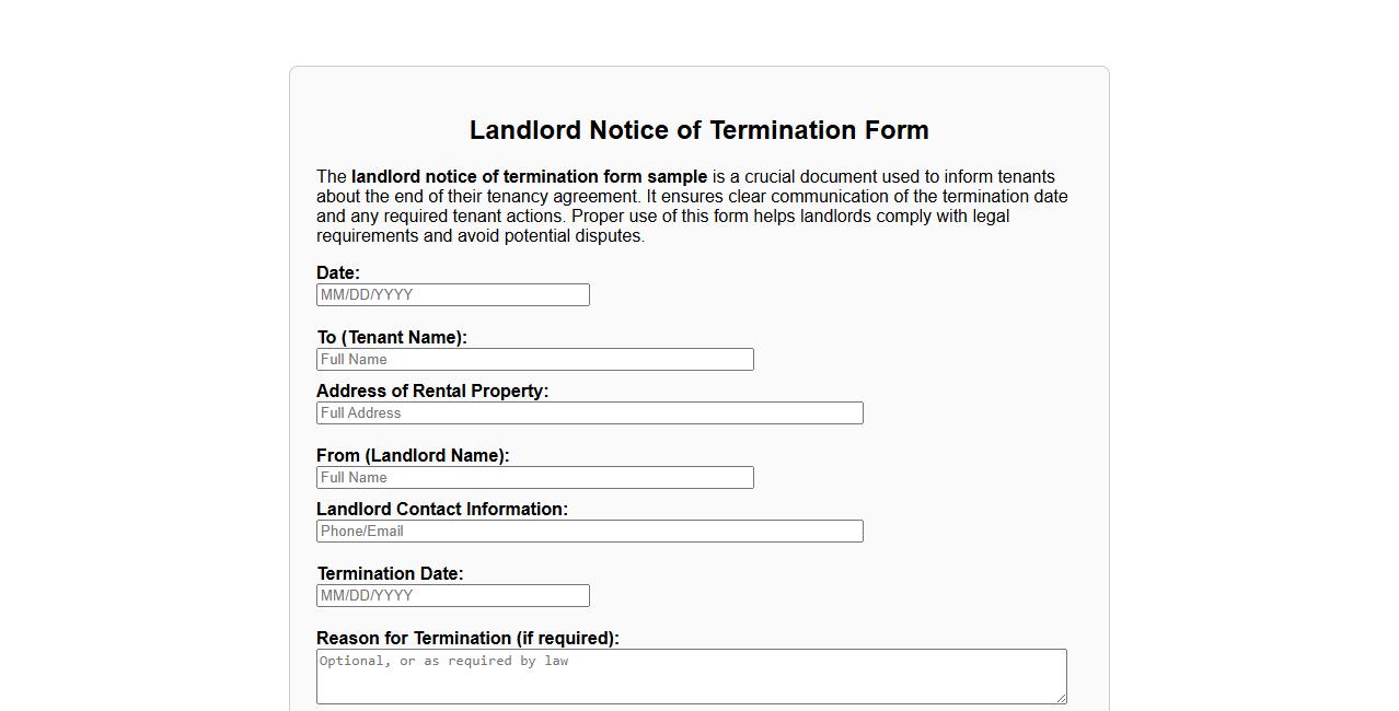 landlord notice of termination form sample for tenants image preview