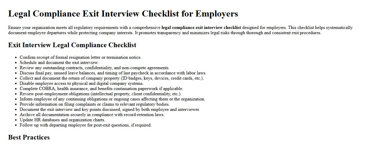 Legal compliance exit interview checklist for employers image preview