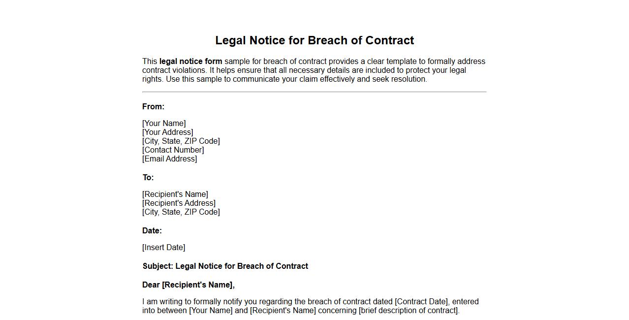 Legal notice form sample for breach of contract image preview