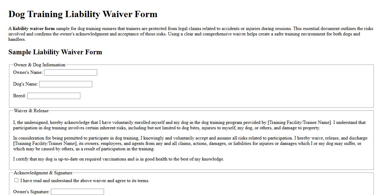 Liability waiver form sample for dog training image preview
