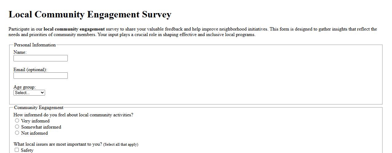 Local community engagement survey form sample image preview
