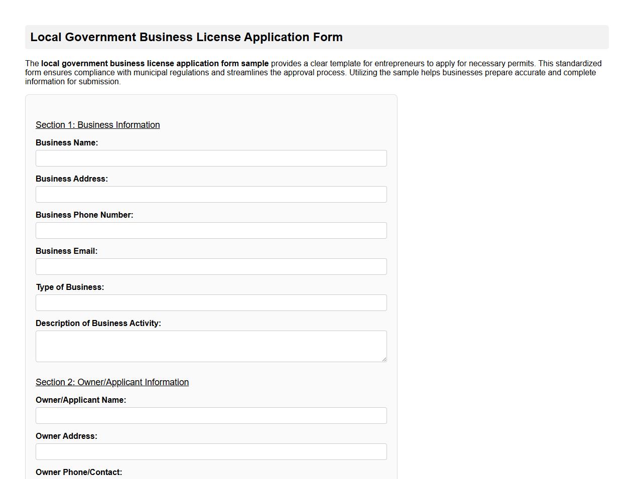 local government business license application form sample image preview