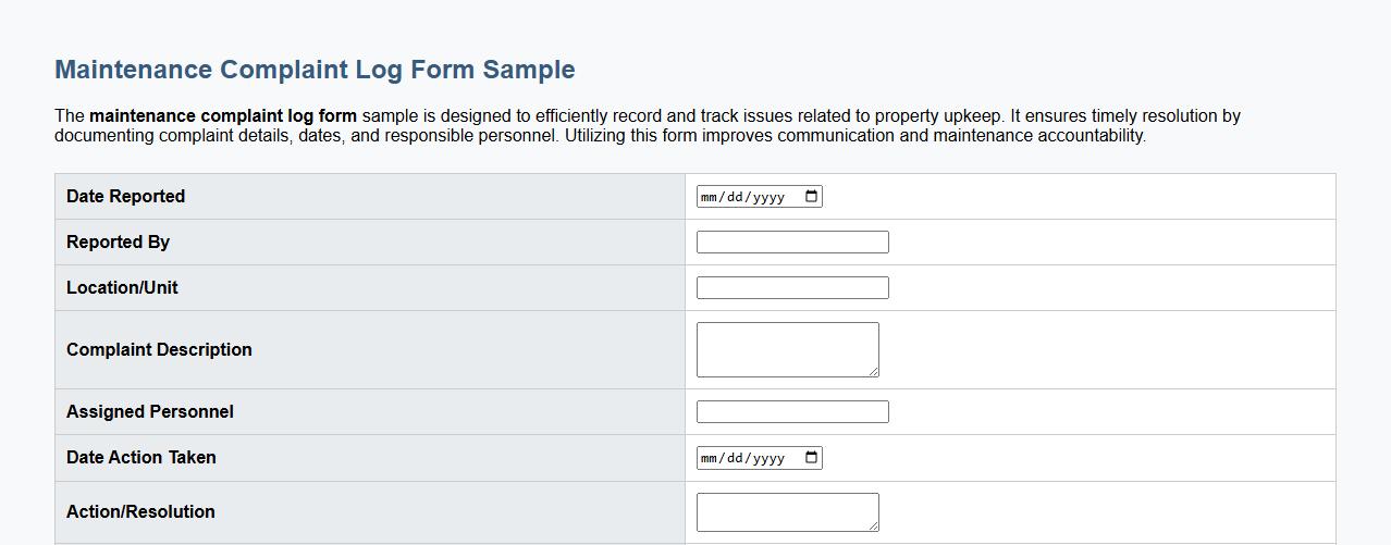 maintenance complaint log form sample image preview