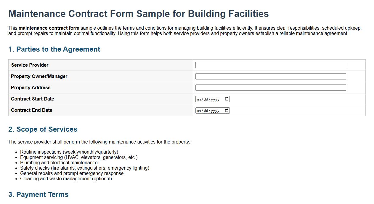 Maintenance contract form sample for building facilities image preview