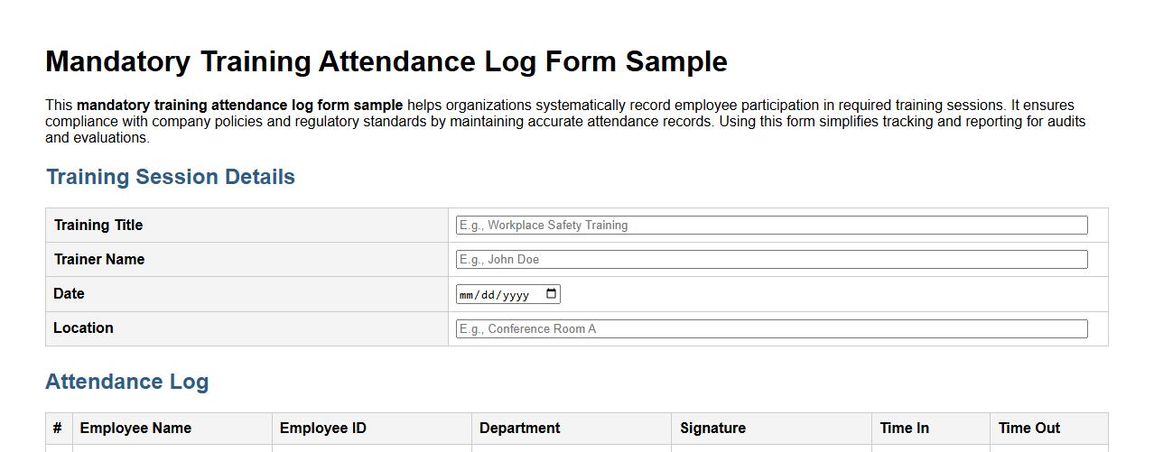 mandatory training attendance log form sample image preview
