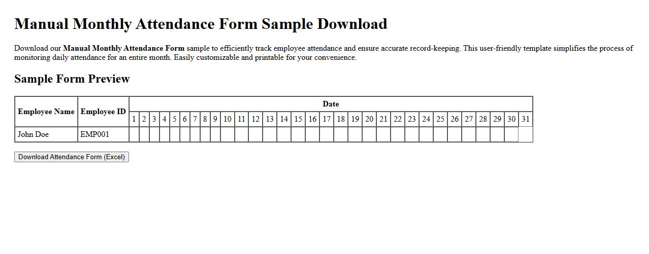 Manual Monthly Attendance Form Sample Download image preview