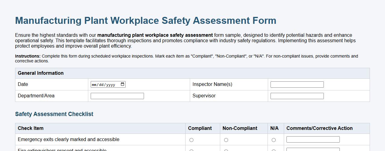 manufacturing plant workplace safety assessment form sample image preview