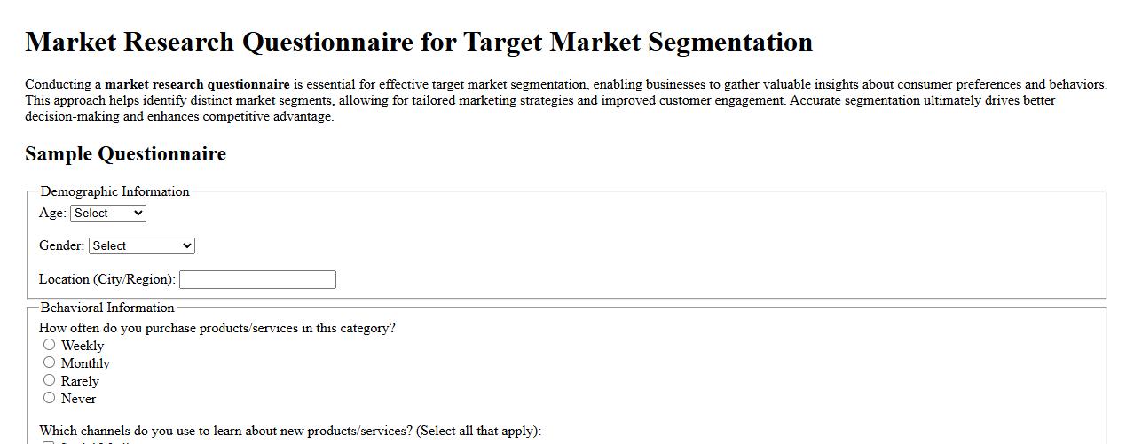 Market research questionnaire for target market segmentation image preview