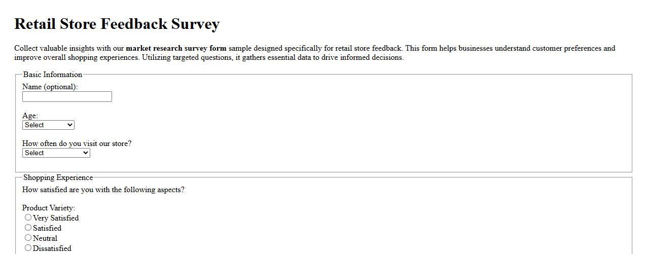 market research survey form sample for retail store feedback image preview
