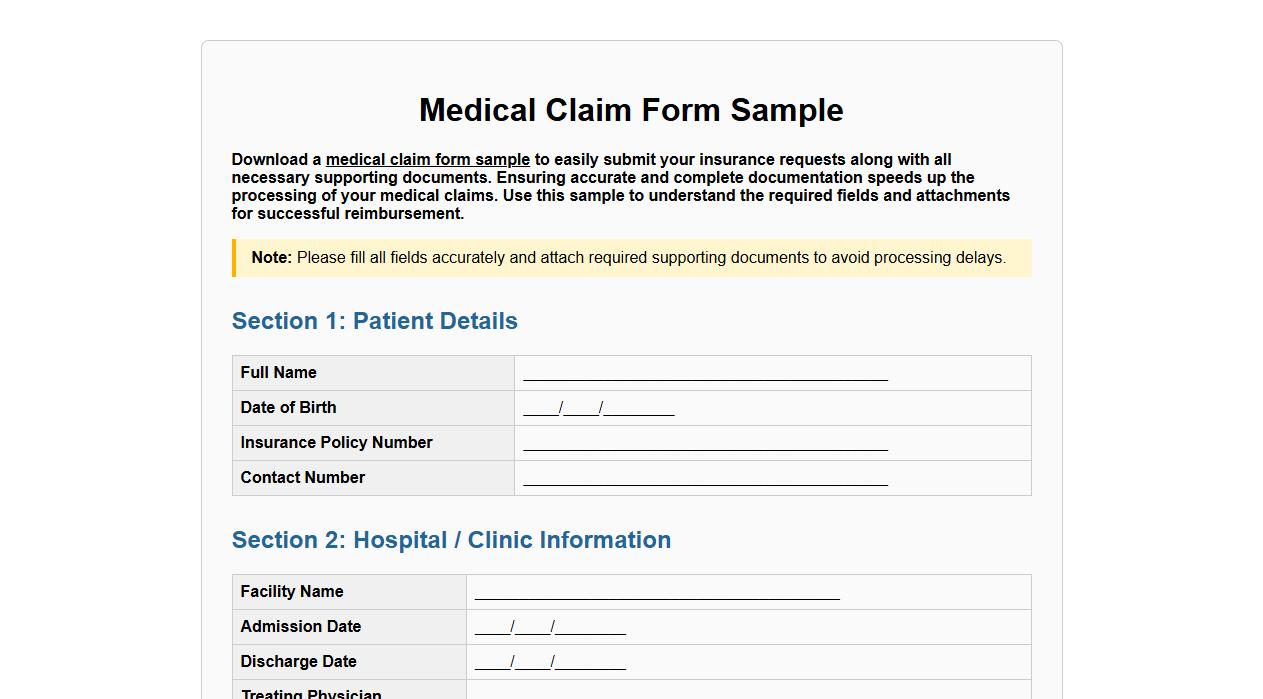 Medical claim form sample with supporting documents image preview