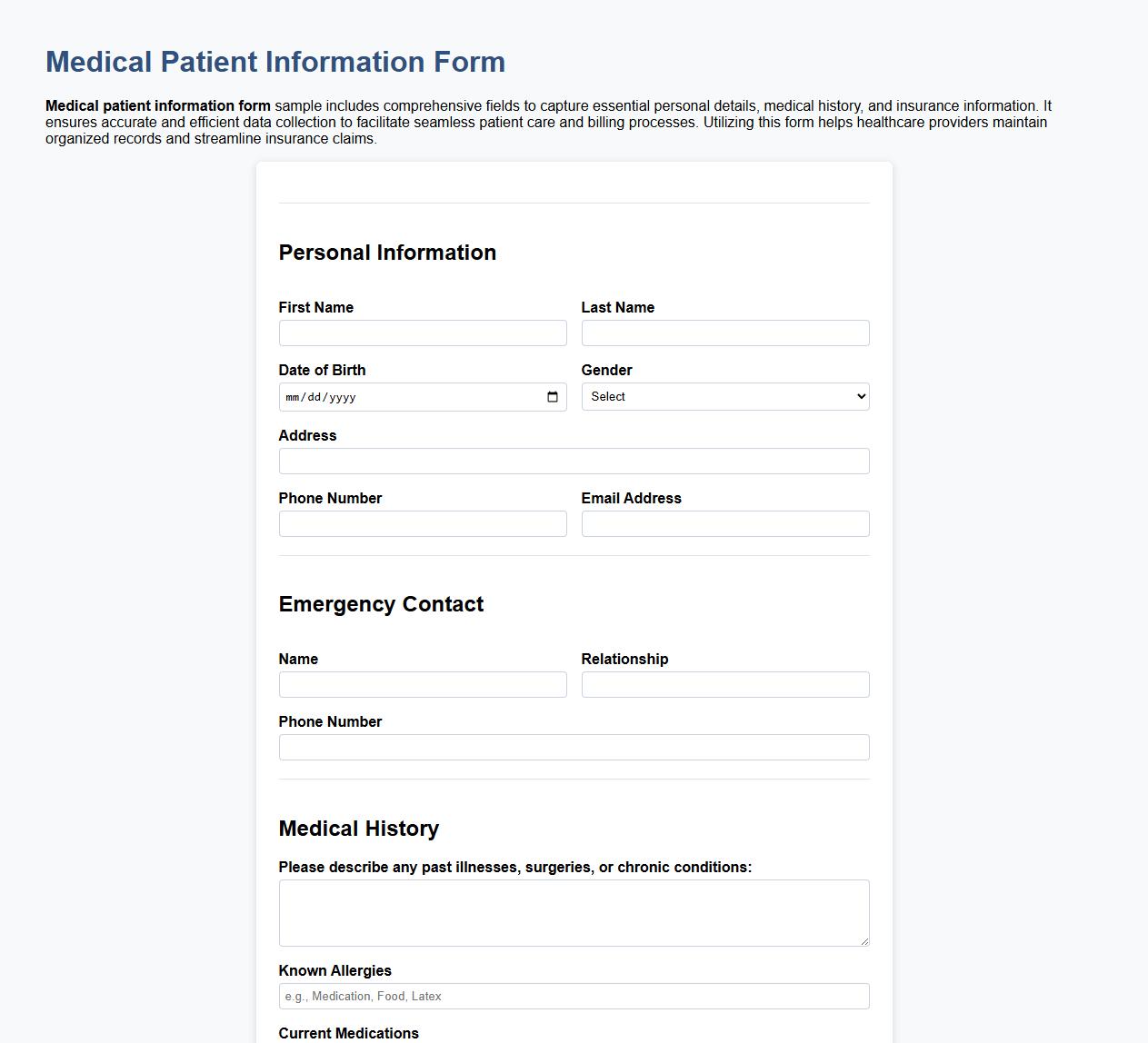 Medical patient information form sample with insurance details image preview