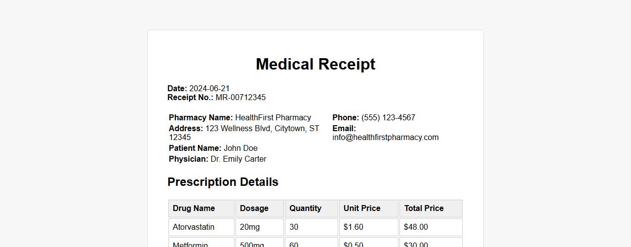 Medical receipt sample for prescription medication image preview