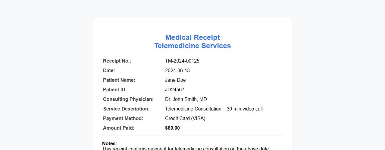 Medical receipt sample for telemedicine services image preview
