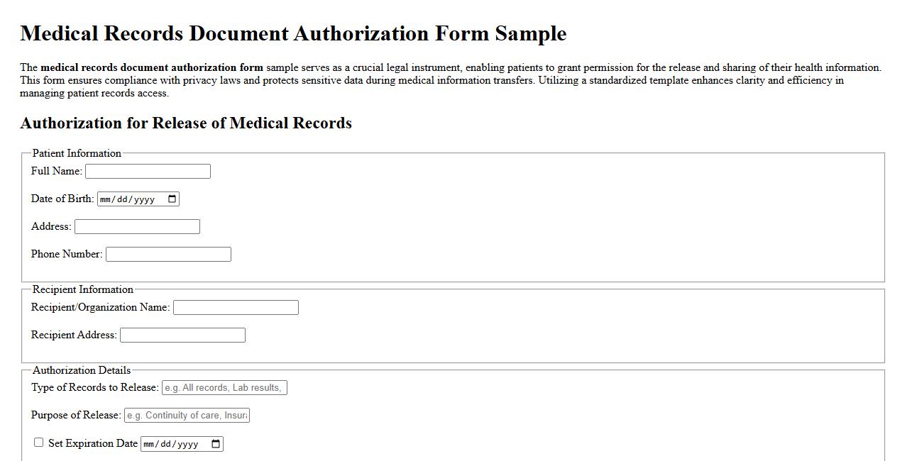 Medical records document authorization form sample image preview