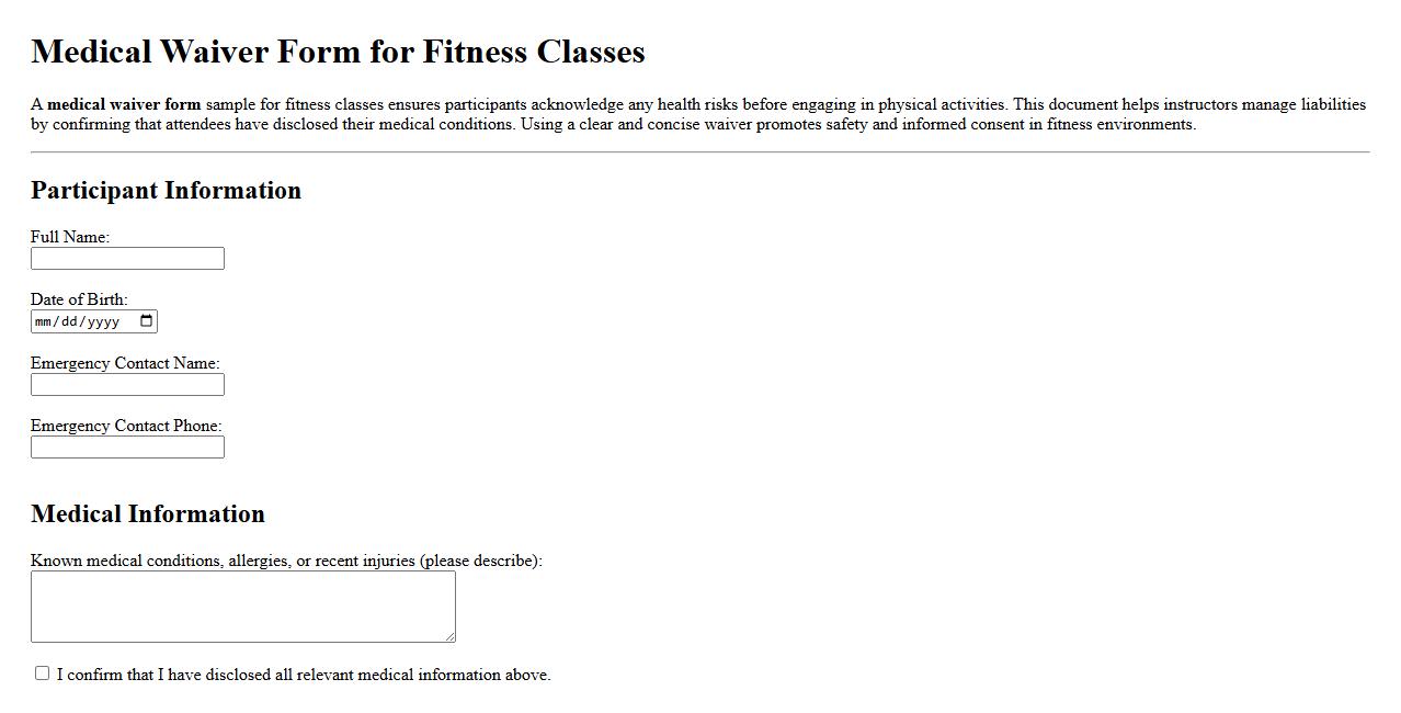 Medical waiver form sample for fitness classes image preview