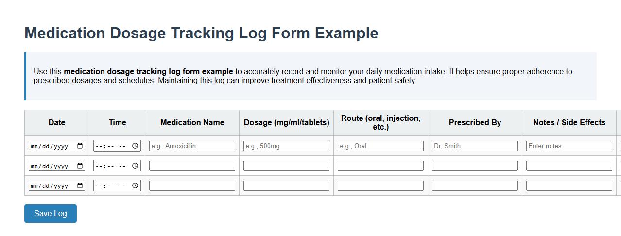 Medication dosage tracking log form example image preview