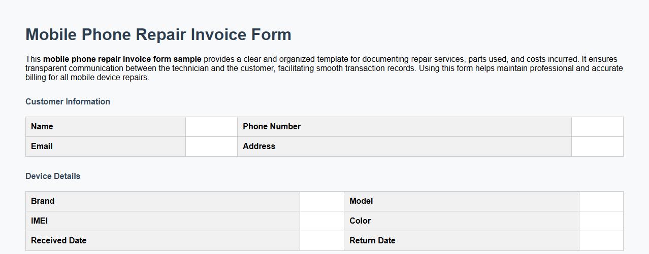 mobile phone repair invoice form sample image preview
