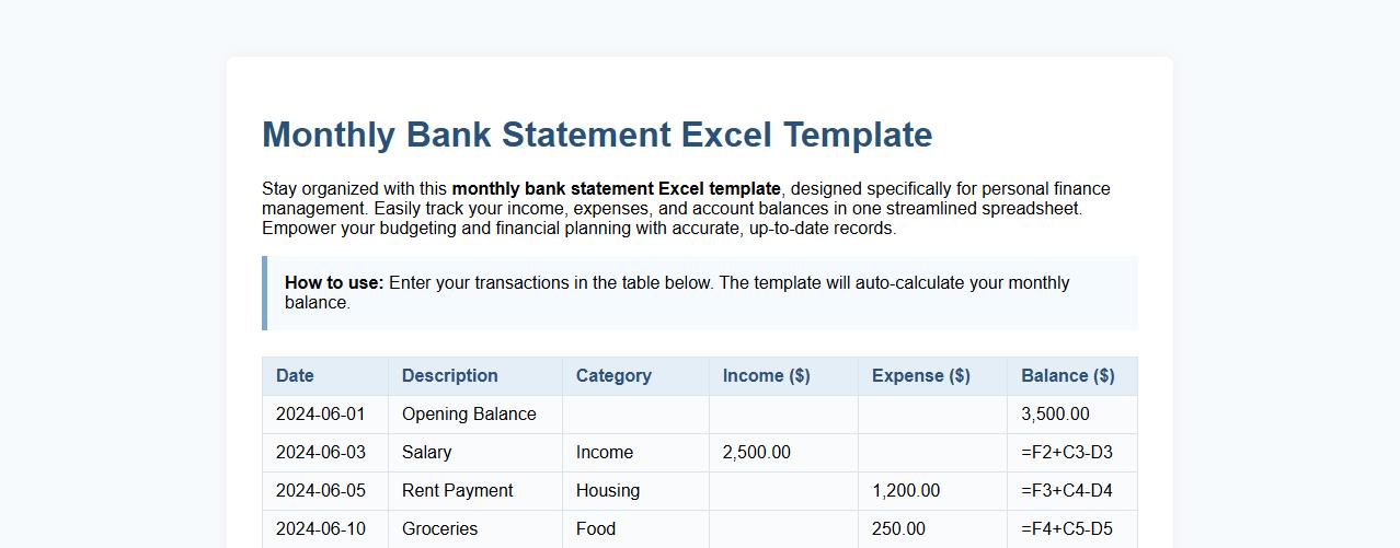 monthly bank statement excel template for personal finance image preview